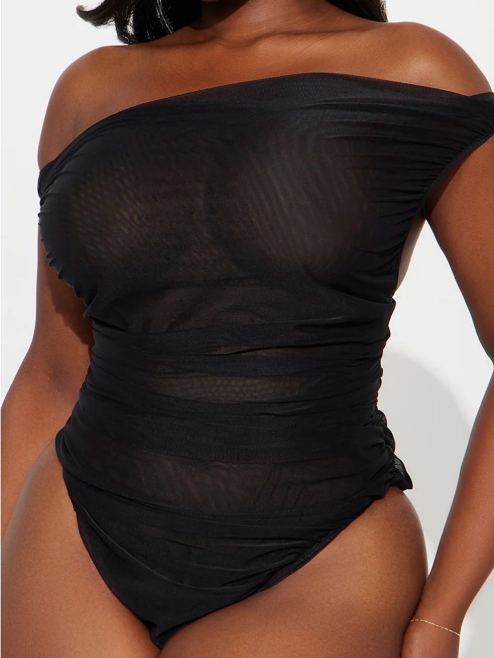 Fashion Nova Give A Little Ruched Mesh Bodysuit. Black